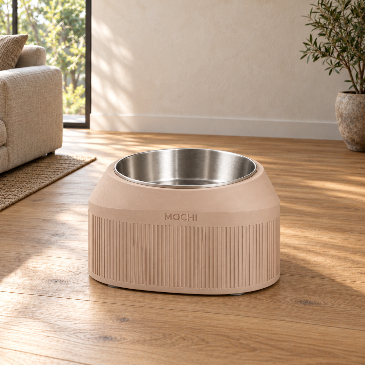 Latte Brown Cove Half Fluted dog bowl styled in a home interior.
