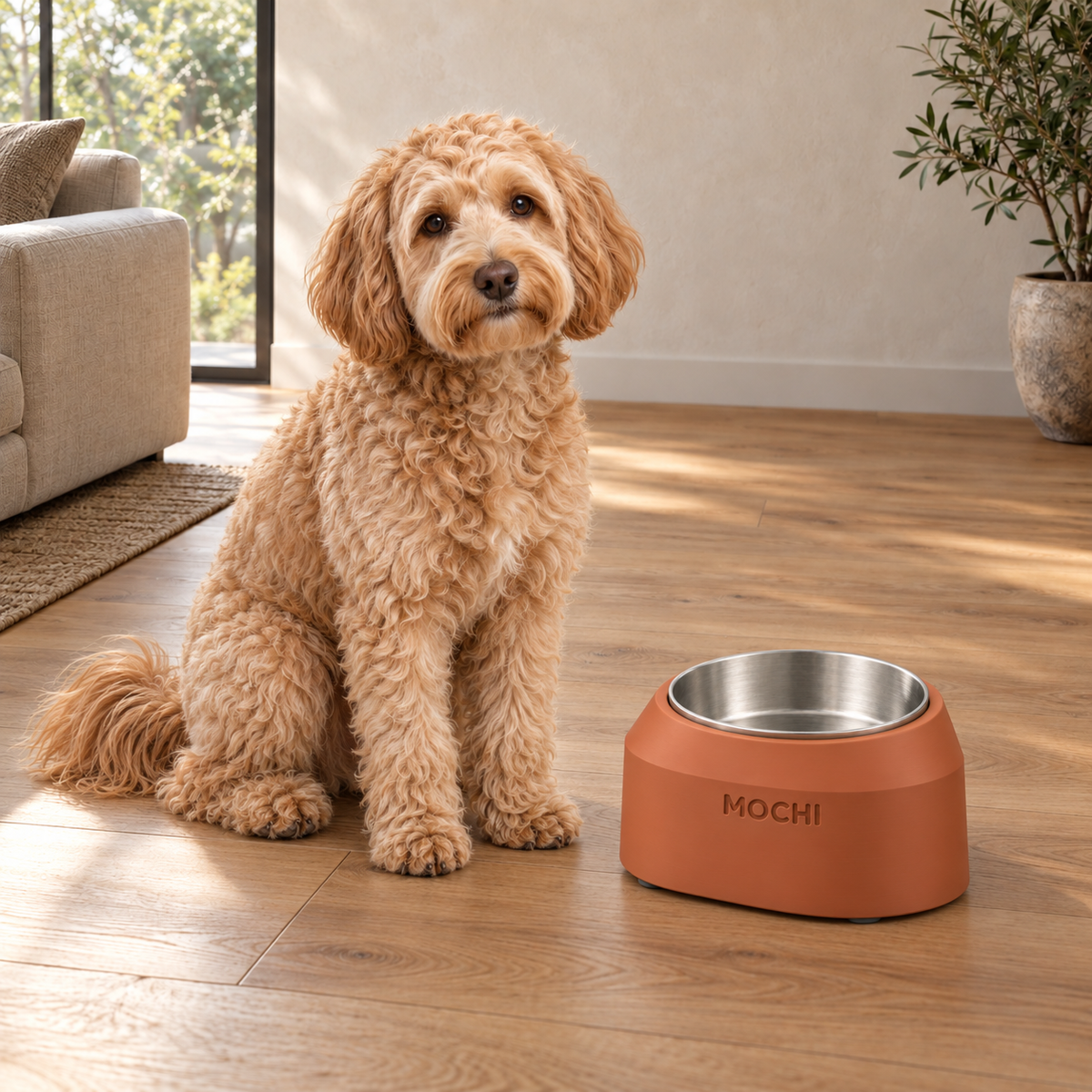 Dog beside the Terracotta Cove Smooth custom height dog bowl.
