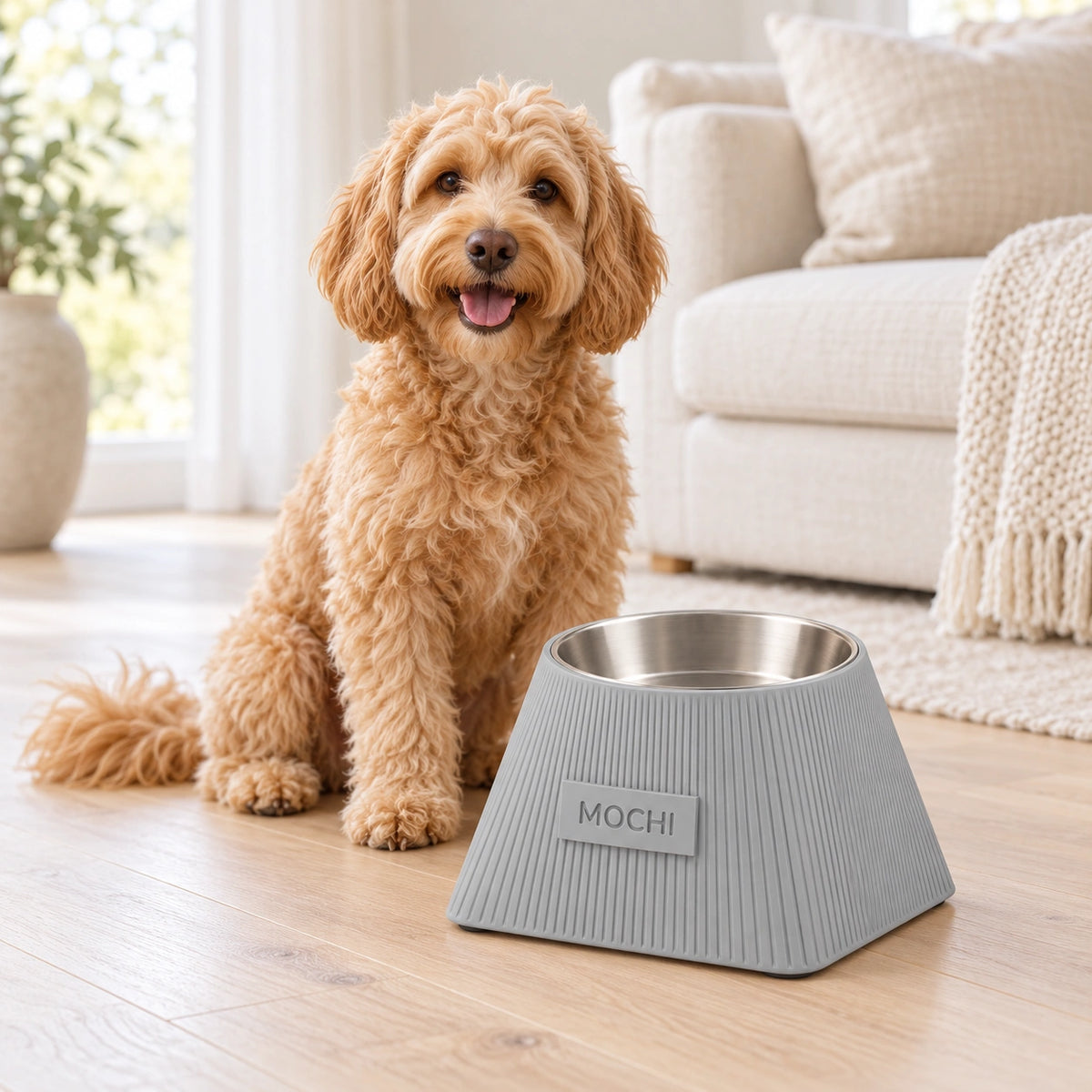 Frame Ash Grey bowl alongside a Labradoodle