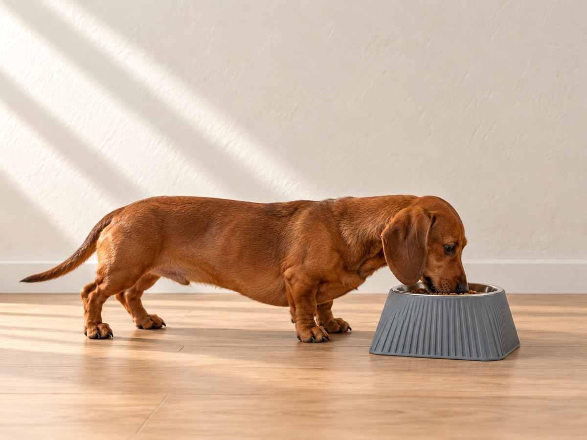A short-legged dachshund eating from a low Ash Grey Frame dog bowl.