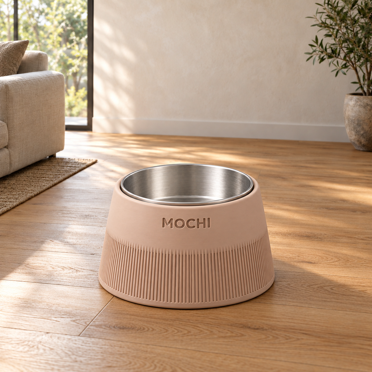Latte Brown Taper dog bowl styled in a home interior. AI-generated product illustration.