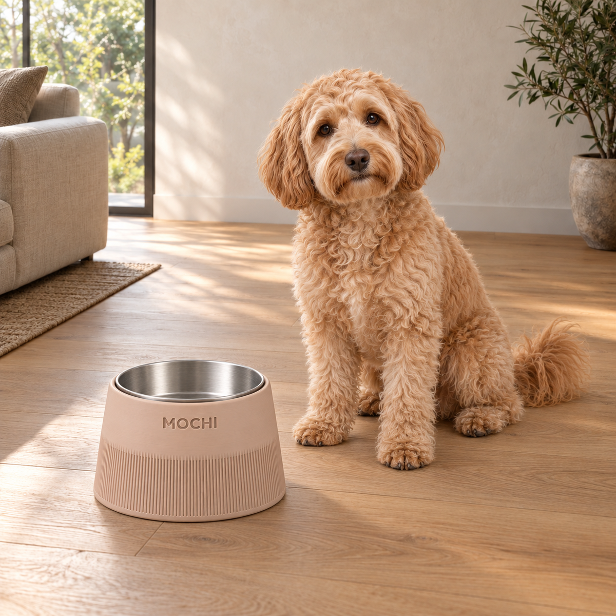 Dog beside the Latte Brown Taper custom height dog bowl. AI-generated product illustration.