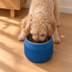 Overhead view of a dog eating from the Column bowl in Marine Blue
