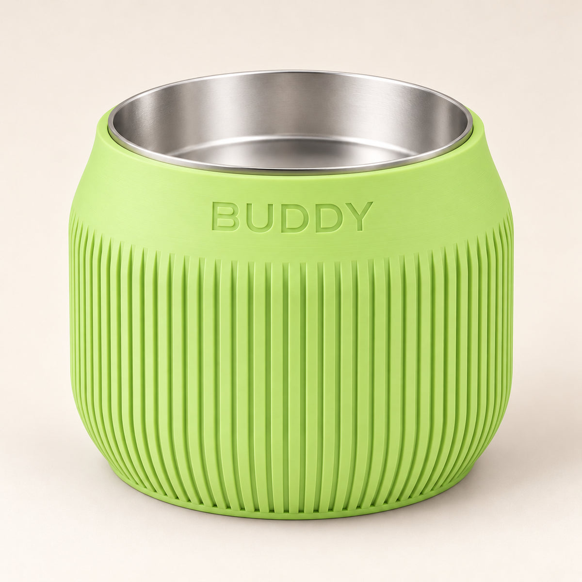 Column custom-height dog bowl in Apple Green, with a removable stainless-steel bowl; BUDDY is an example name