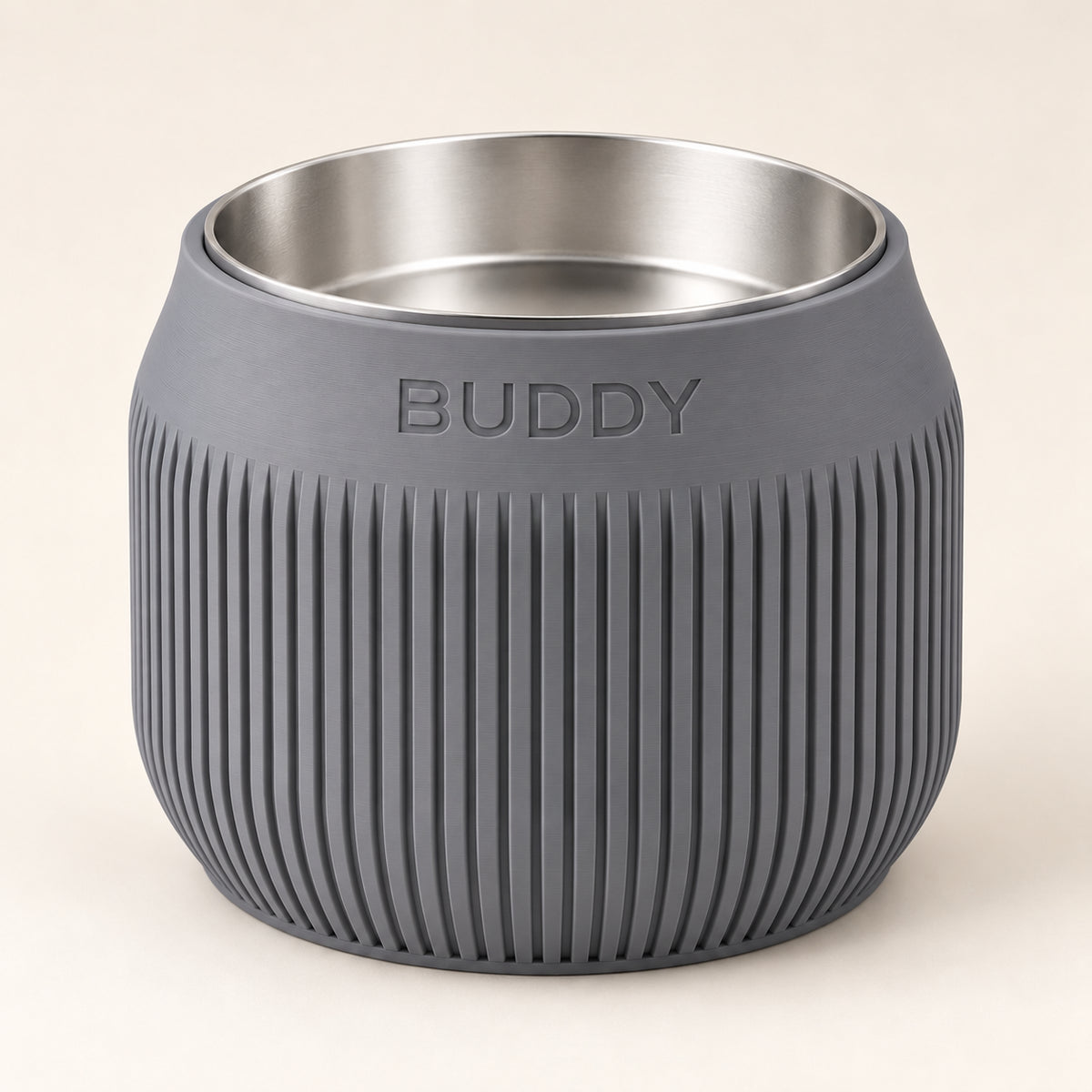 Column custom-height dog bowl in Ash Grey, with a removable stainless-steel bowl; BUDDY is an example name