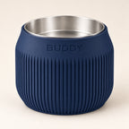 Column custom-height dog bowl in Dark Blue, with a removable stainless-steel bowl; BUDDY is an example name