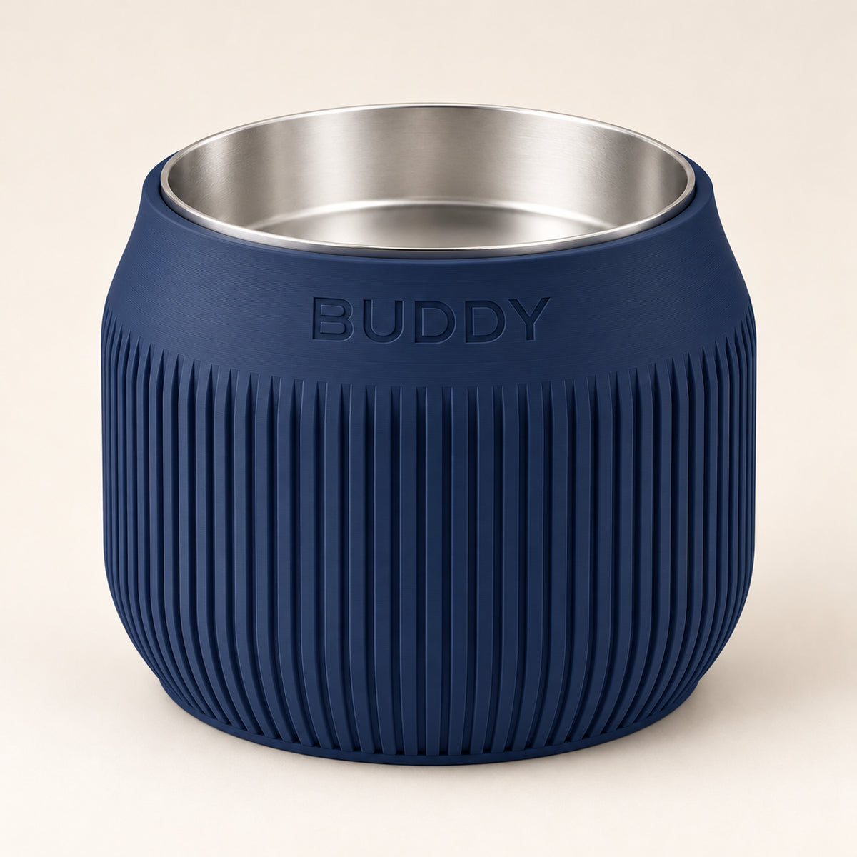 Column custom-height dog bowl in Dark Blue, with a removable stainless-steel bowl; BUDDY is an example name