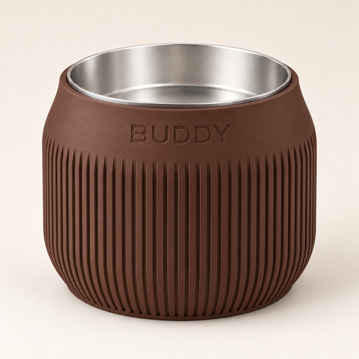 Column custom-height dog bowl in Dark Brown, with a removable stainless-steel bowl; BUDDY is an example name