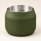 Column custom-height dog bowl in Dark Green, with a removable stainless-steel bowl; BUDDY is an example name