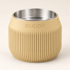 Column custom-height dog bowl in Desert Tan, with a removable stainless-steel bowl; BUDDY is an example name