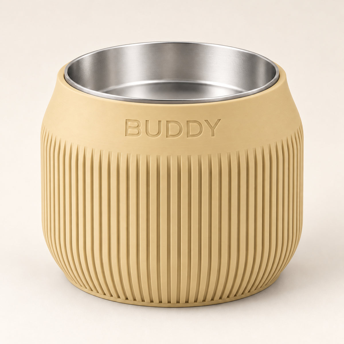 Column custom-height dog bowl in Desert Tan, with a removable stainless-steel bowl; BUDDY is an example name