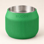Column custom-height dog bowl in Grass Green, with a removable stainless-steel bowl; BUDDY is an example name