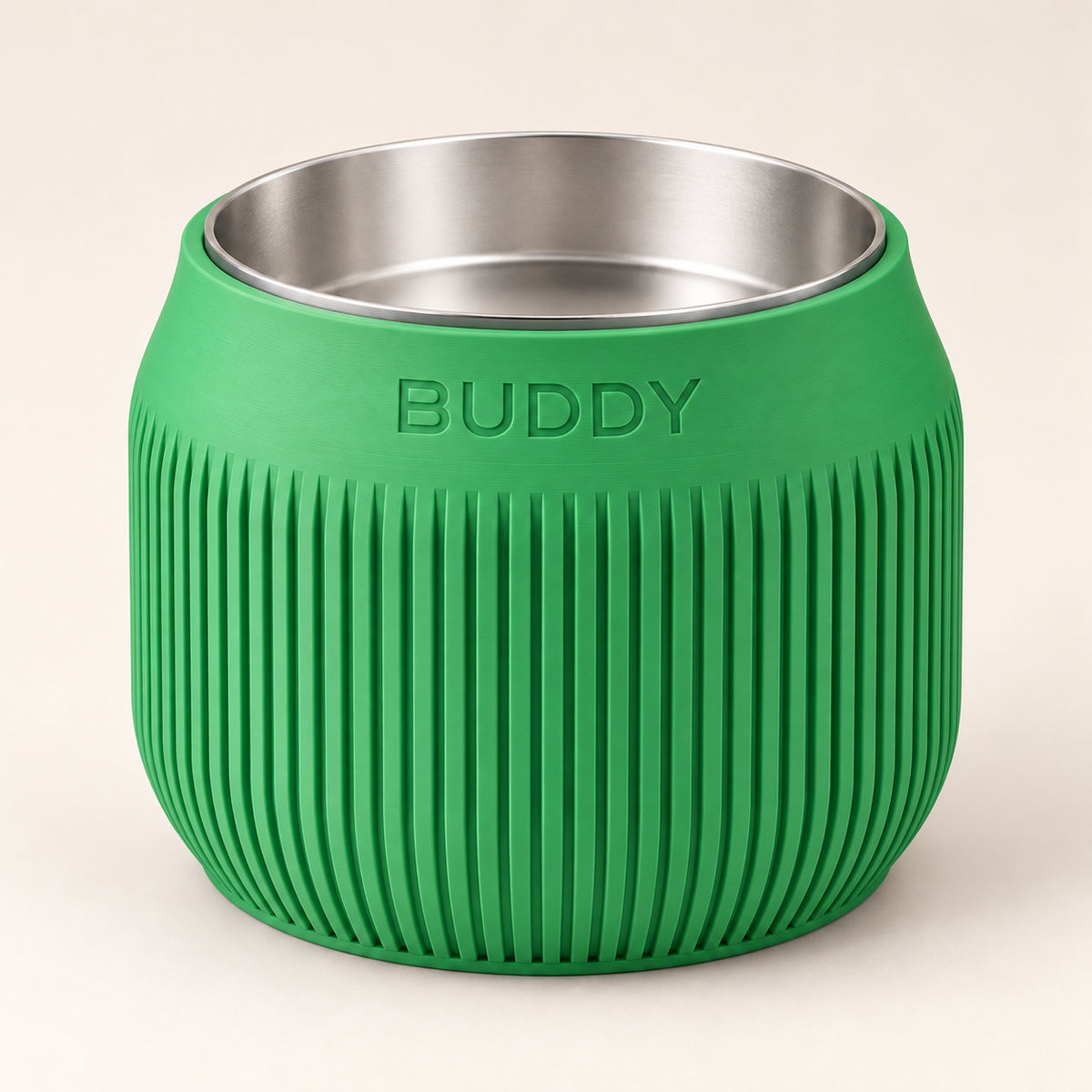 Column custom-height dog bowl in Grass Green, with a removable stainless-steel bowl; BUDDY is an example name