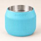 Column custom-height dog bowl in Ice Blue, with a removable stainless-steel bowl; BUDDY is an example name
