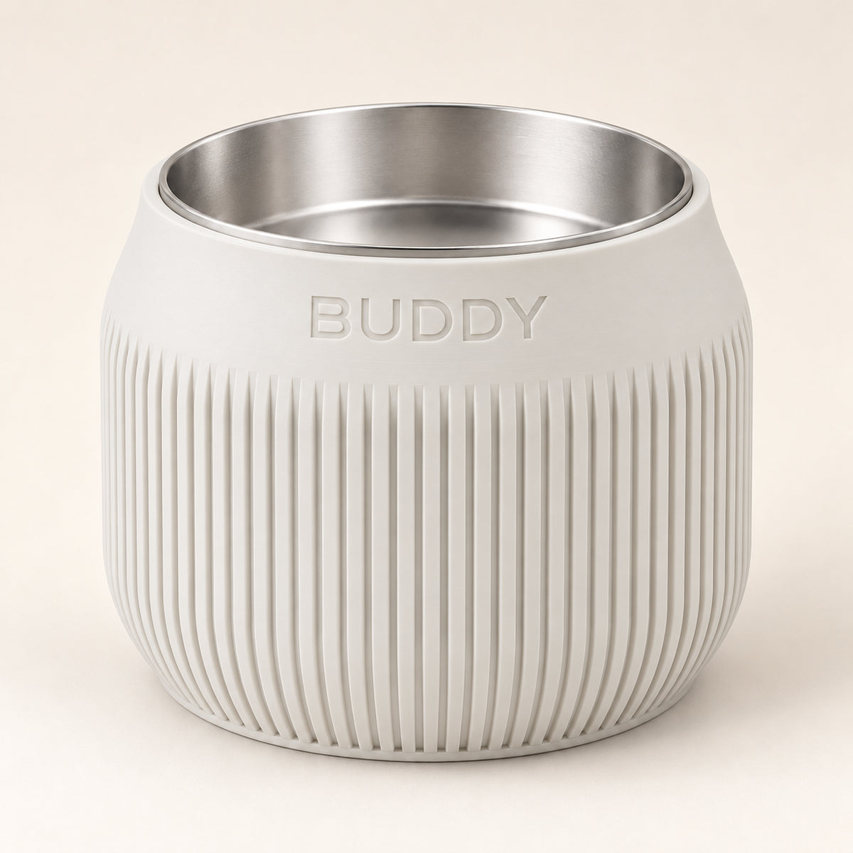 Column custom-height dog bowl in Ivory White, with a removable stainless-steel bowl; BUDDY is an example name