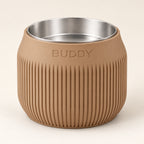 Column custom-height dog bowl in Latte Brown, with a removable stainless-steel bowl; BUDDY is an example name