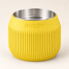 Column custom-height dog bowl in Lemon Yellow, with a removable stainless-steel bowl; BUDDY is an example name