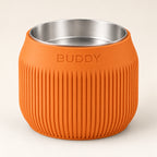 Column custom-height dog bowl in Mandarin Orange, with a removable stainless-steel bowl; BUDDY is an example name
