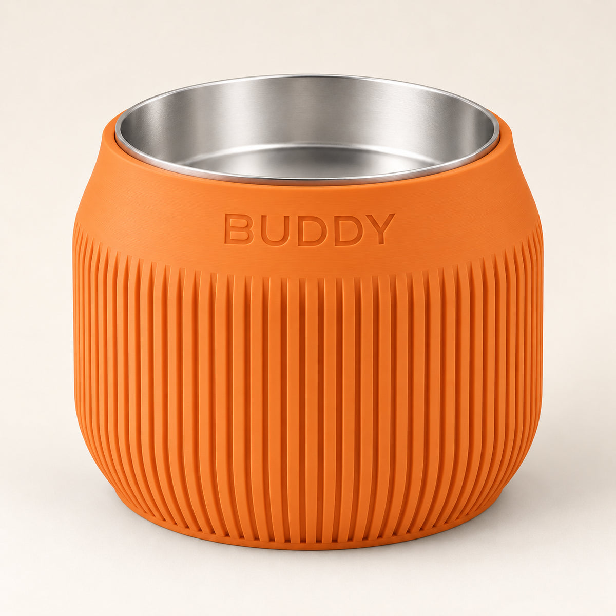 Column custom-height dog bowl in Mandarin Orange, with a removable stainless-steel bowl; BUDDY is an example name