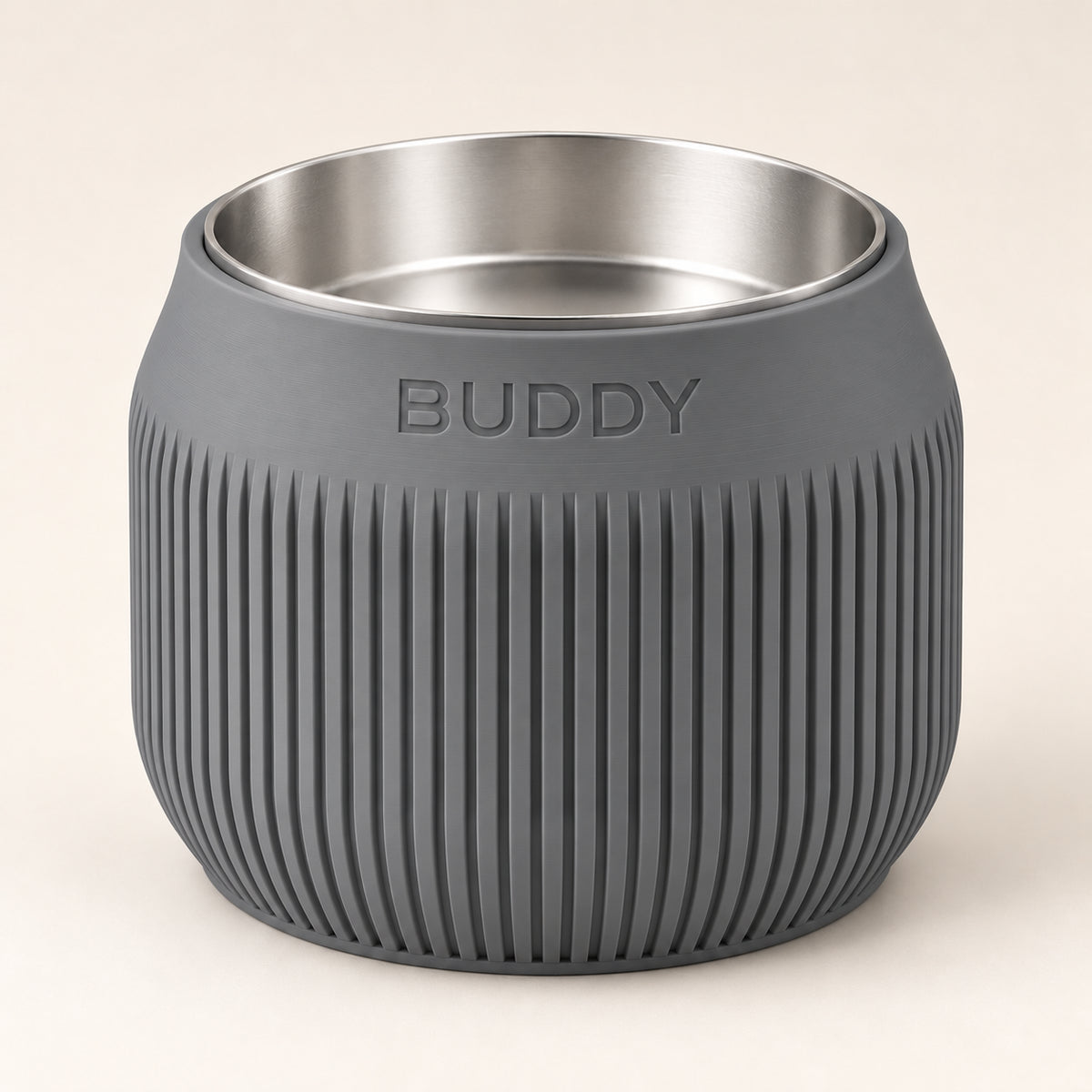 Column custom-height dog bowl in Nardo Gray, with a removable stainless-steel bowl; BUDDY is an example name