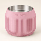 Column custom-height dog bowl in Sakura Pink, with a removable stainless-steel bowl; BUDDY is an example name