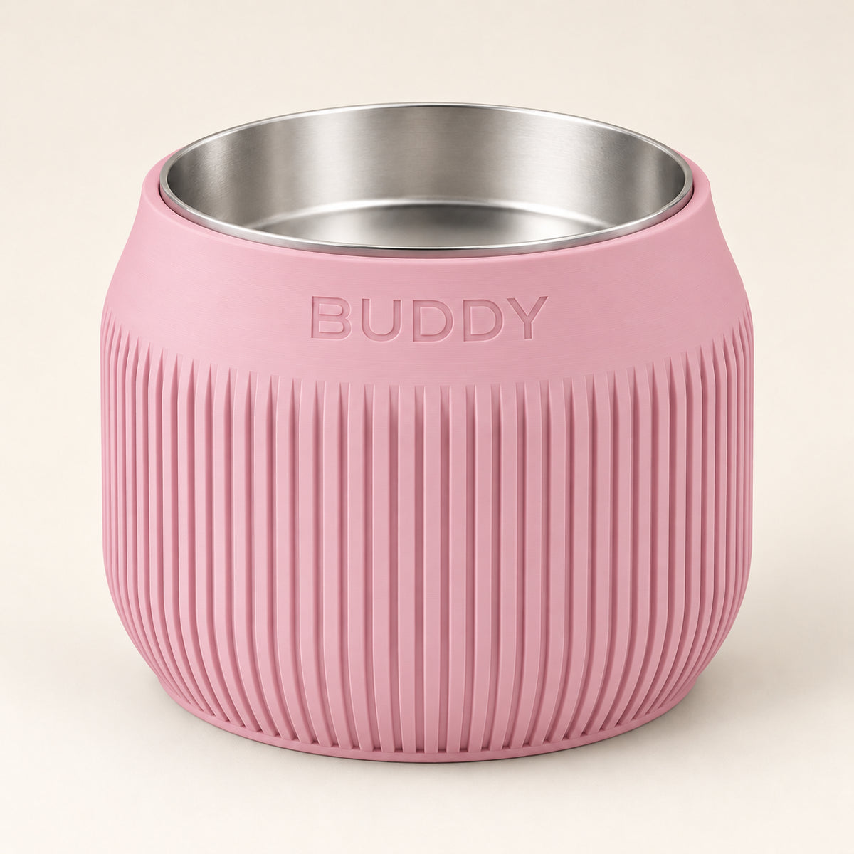 Column custom-height dog bowl in Sakura Pink, with a removable stainless-steel bowl; BUDDY is an example name