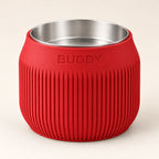 Column custom-height dog bowl in Scarlet Red, with a removable stainless-steel bowl; BUDDY is an example name