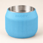 Column custom-height dog bowl in Sky Blue, with a removable stainless-steel bowl; BUDDY is an example name