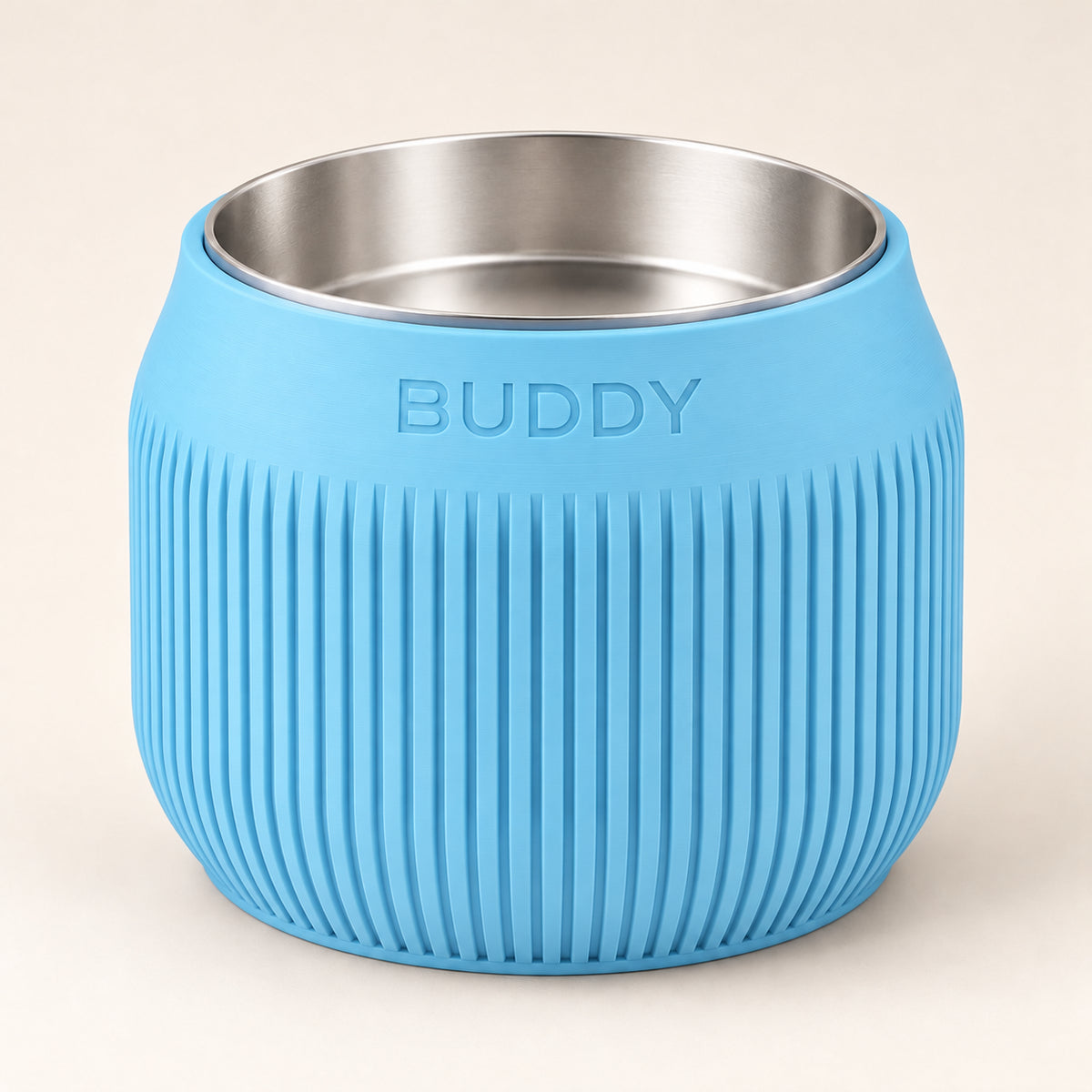 Column custom-height dog bowl in Sky Blue, with a removable stainless-steel bowl; BUDDY is an example name