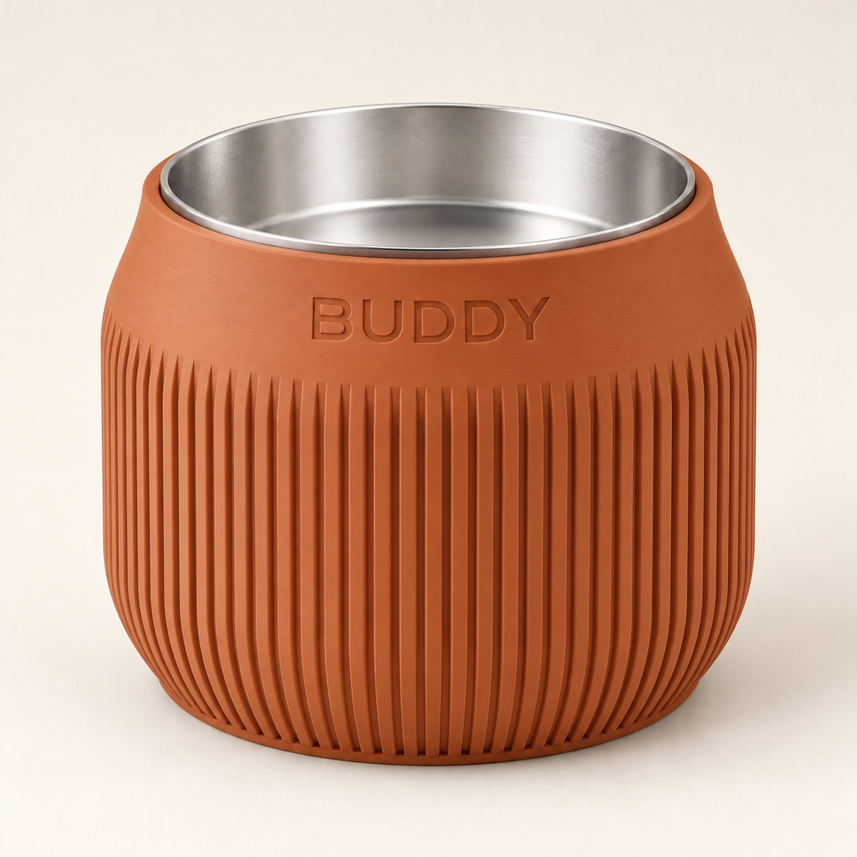Column custom-height dog bowl in Terracotta, with a removable stainless-steel bowl; BUDDY is an example name
