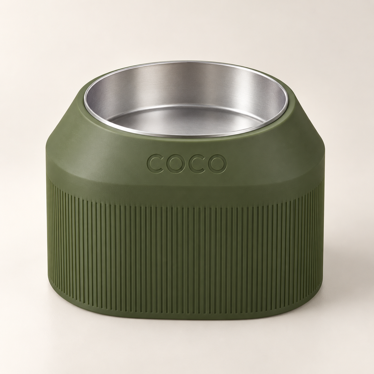 Cove Half Fluted custom-height dog bowl in Dark Green with stainless-steel liner