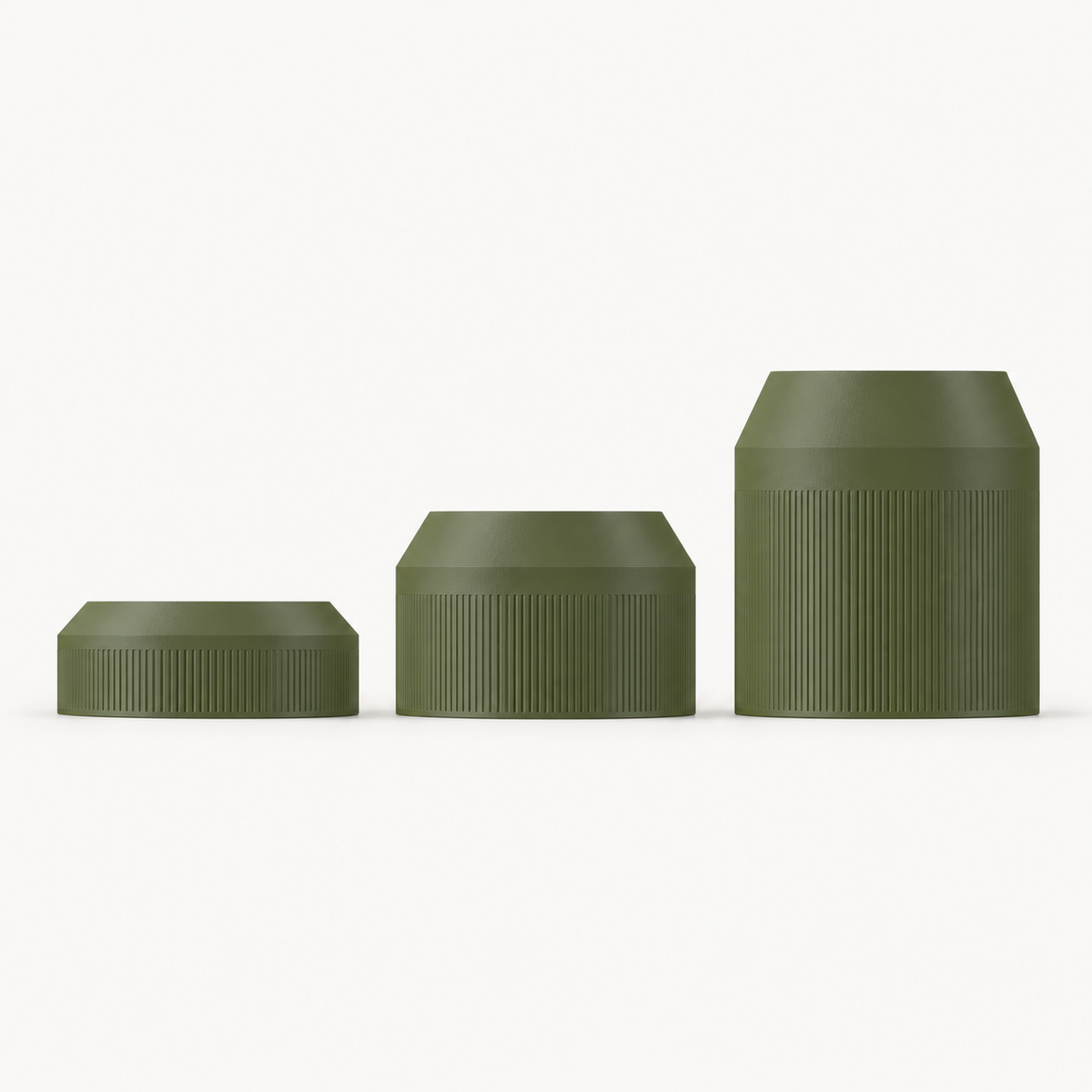 Cove Half Fluted in Dark Green, comparison of 8 cm, 15 cm and 25 cm bowl bodies