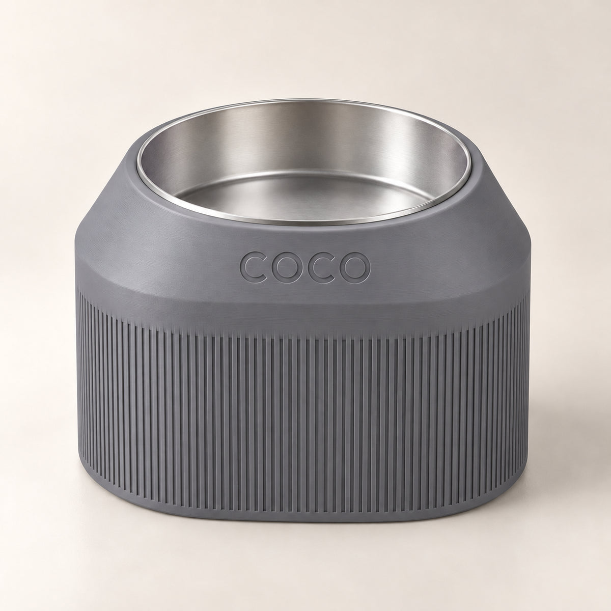 Cove Half Fluted custom-height dog bowl in Ash Grey, with a removable stainless-steel bowl; COCO is an example name