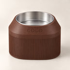Cove Half Fluted custom-height dog bowl in Dark Brown, with a removable stainless-steel bowl; COCO is an example name