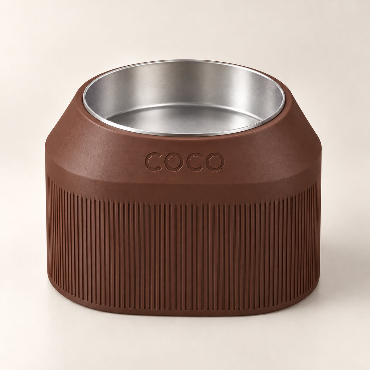 Cove Half Fluted custom-height dog bowl in Dark Brown, with a removable stainless-steel bowl; COCO is an example name