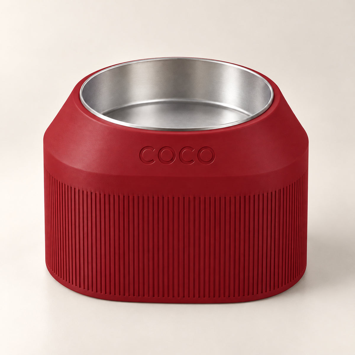 Cove Half Fluted custom-height dog bowl in Dark Red, with a removable stainless-steel bowl; COCO is an example name