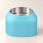 Cove Half Fluted custom-height dog bowl in Ice Blue, with a removable stainless-steel bowl; COCO is an example name