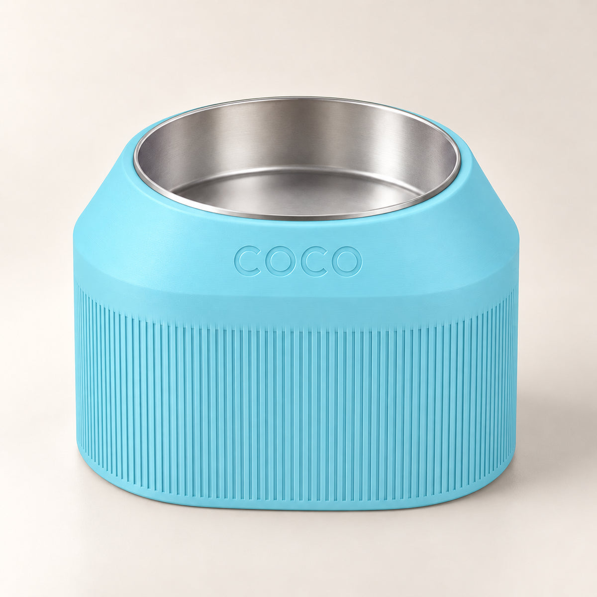 Cove Half Fluted custom-height dog bowl in Ice Blue, with a removable stainless-steel bowl; COCO is an example name