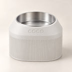 Cove Half Fluted custom-height dog bowl in Ivory White, with a removable stainless-steel bowl; COCO is an example name