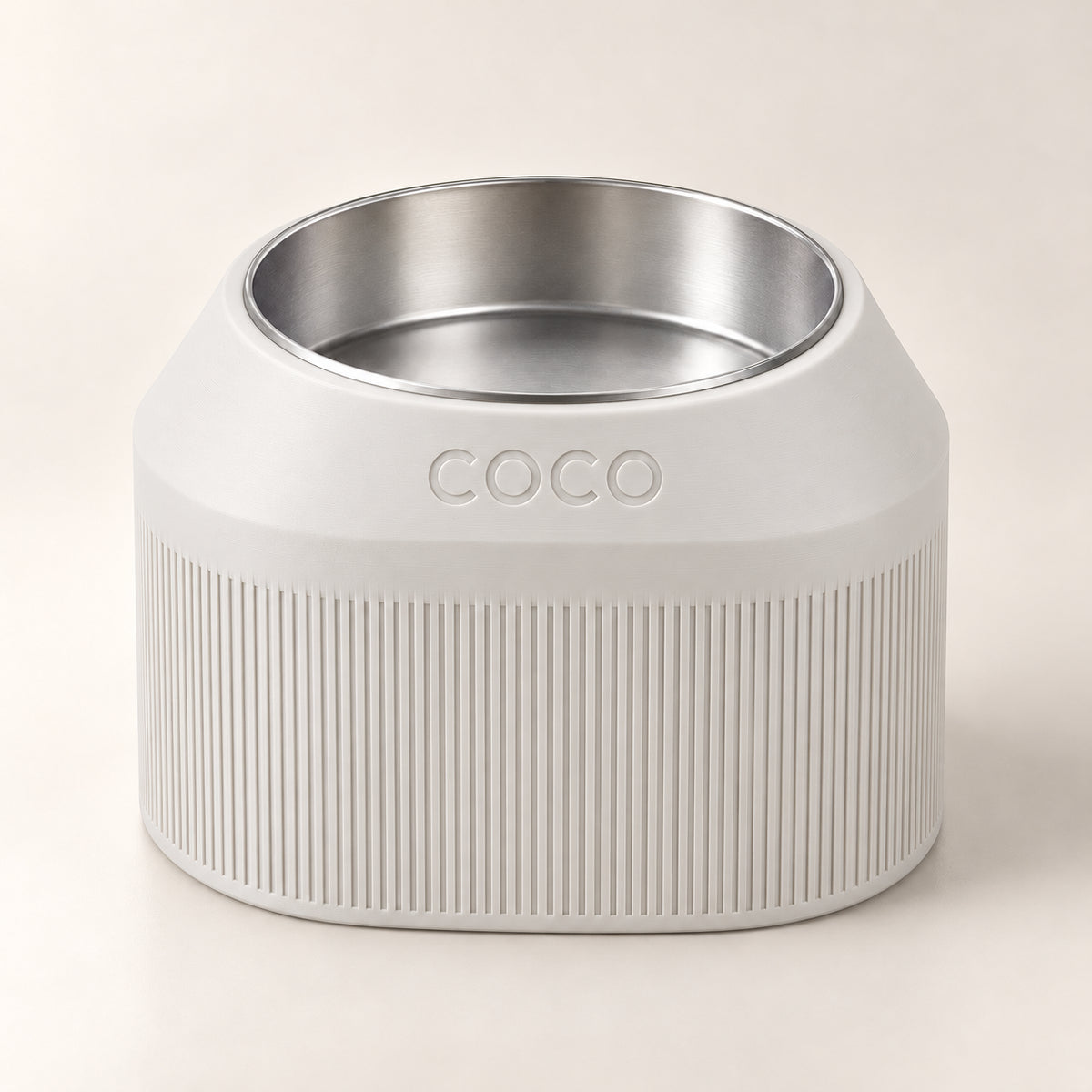 Cove Half Fluted custom-height dog bowl in Ivory White, with a removable stainless-steel bowl; COCO is an example name
