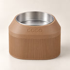 Cove Half Fluted custom-height dog bowl in Latte Brown, with a removable stainless-steel bowl; COCO is an example name