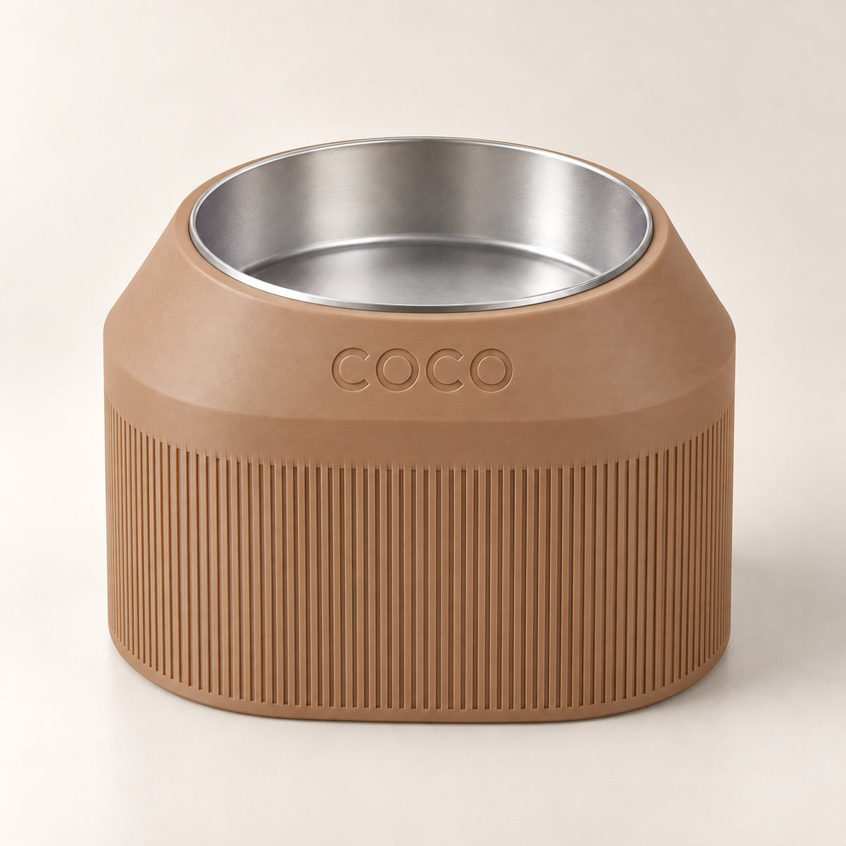 Cove Half Fluted custom-height dog bowl in Latte Brown, with a removable stainless-steel bowl; COCO is an example name