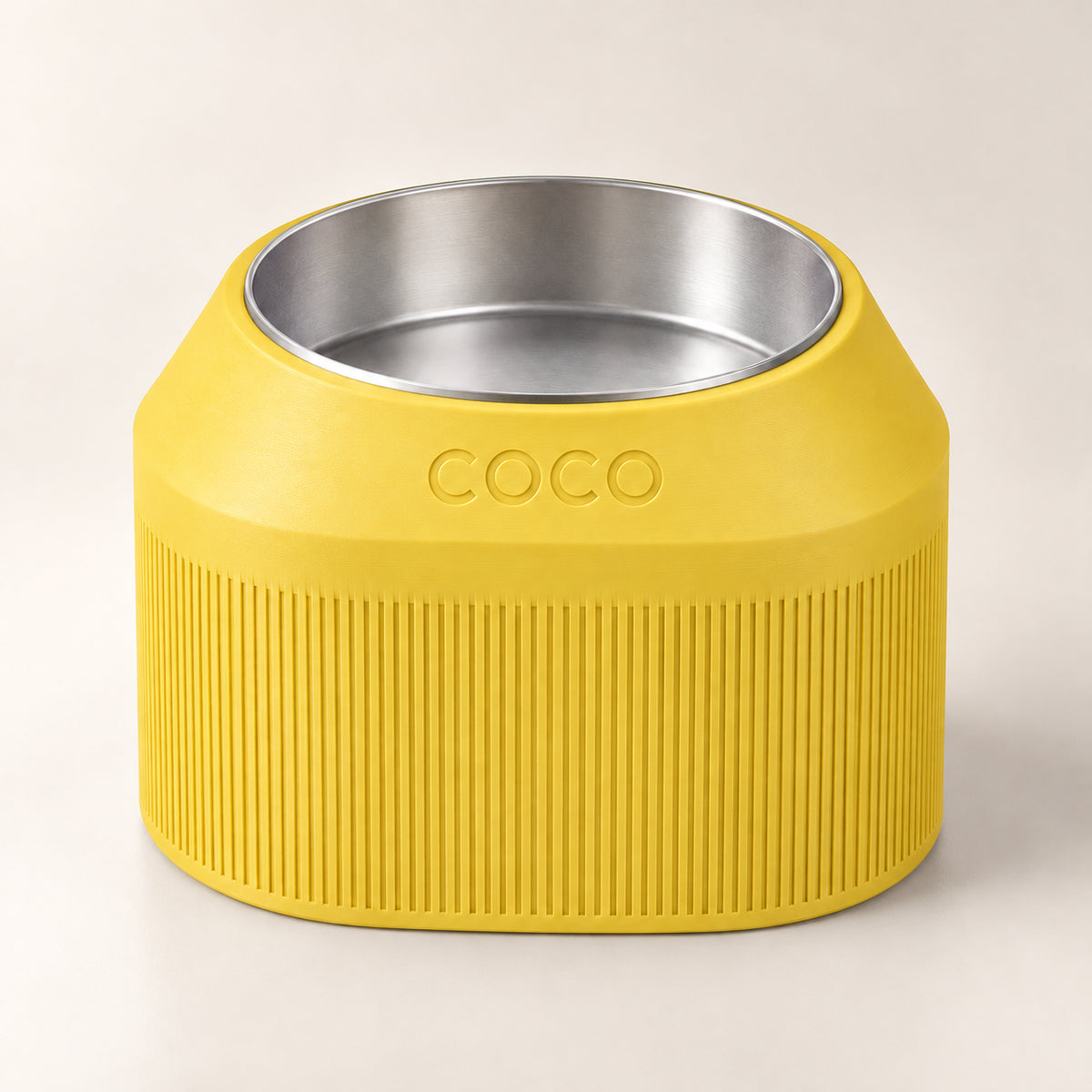Cove Half Fluted custom-height dog bowl in Lemon Yellow, with a removable stainless-steel bowl; COCO is an example name