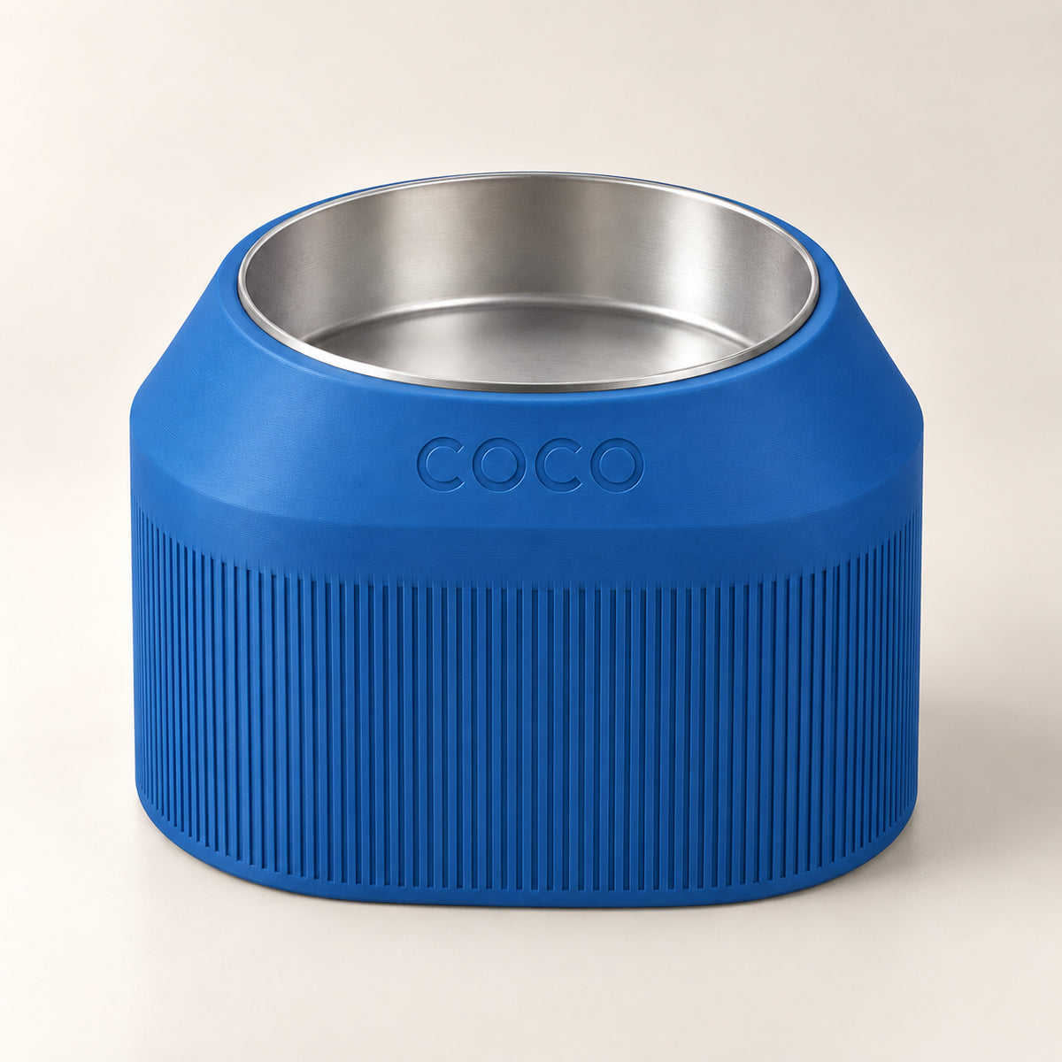 Cove Half Fluted custom-height dog bowl in Marine Blue, with a removable stainless-steel bowl; COCO is an example name