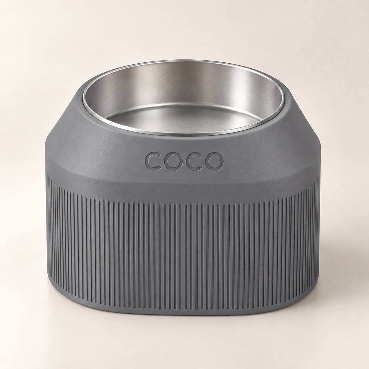 Cove Half Fluted custom-height dog bowl in Nardo Gray, with a removable stainless-steel bowl; COCO is an example name