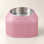 Cove Half Fluted custom-height dog bowl in Sakura Pink, with a removable stainless-steel bowl; COCO is an example name