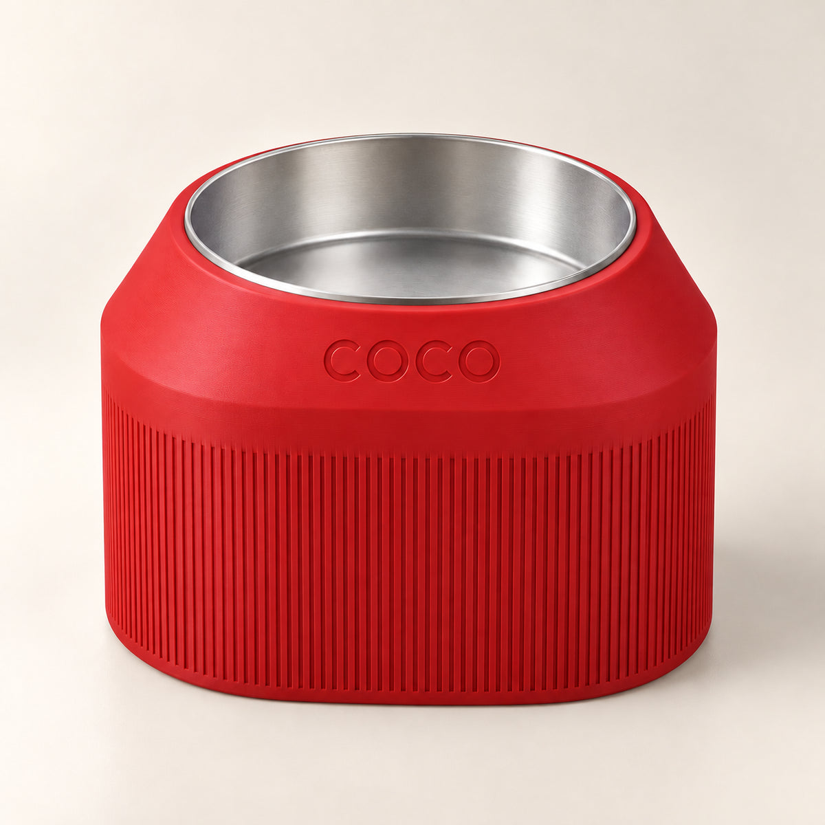 Cove Half Fluted custom-height dog bowl in Scarlet Red, with a removable stainless-steel bowl; COCO is an example name