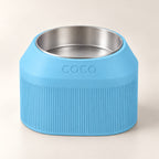 Cove Half Fluted custom-height dog bowl in Sky Blue, with a removable stainless-steel bowl; COCO is an example name