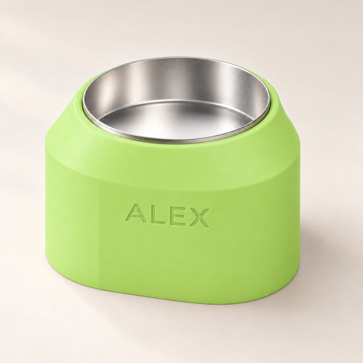 Cove Smooth custom-height dog bowl in Apple Green, with a removable stainless-steel bowl; ALEX is an example name