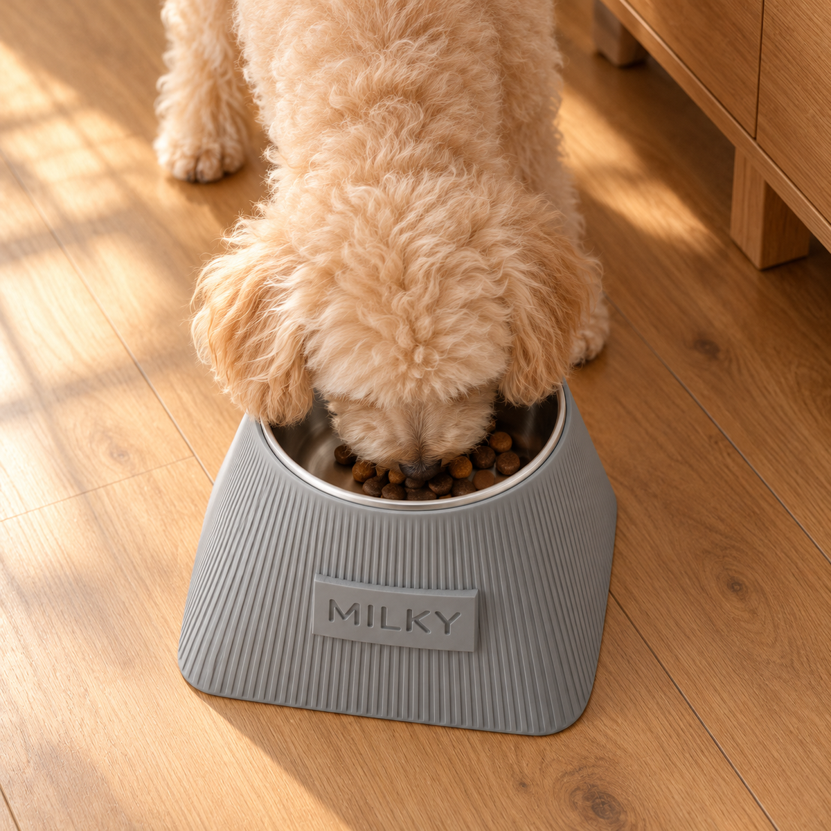 Overhead view of a dog eating from the Frame bowl in Ash Grey